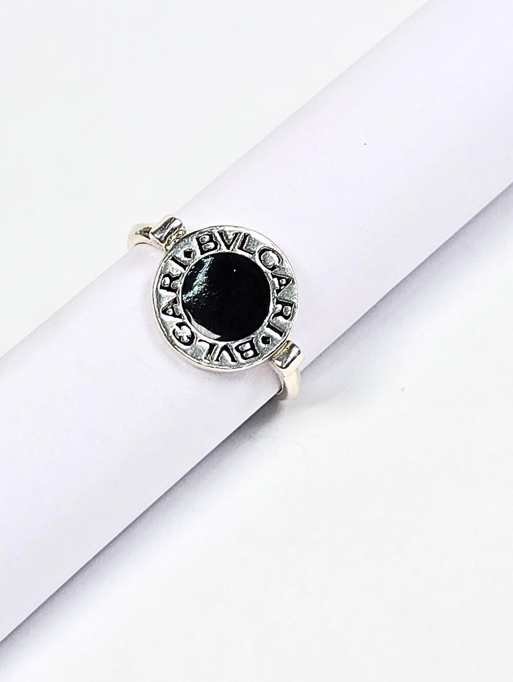 Bvlgari Insp. Ring Round Black Enamel Statement 925 Sterling Silver Rhodium Sz 6